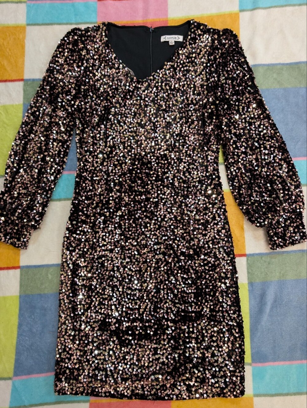 Nanette Lepore Black Rose Gold Sequin V-Neck Party Dress Velvet